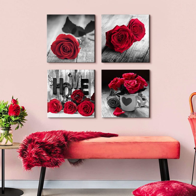 YOOOAHU Rustic Rose Floral Canvas Wall Art Red Flower Pictures for Living Room Home Decorations Girls Bedroom Over Bed Wall Decor Retro Bouquet Paintings Posters Romantic Artwork 16x16â€ 4P Valentines Gifts - Image 2